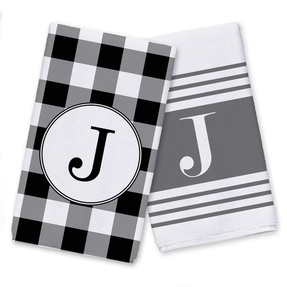 Creative Products Buffalo Check and Stripe Monogram - J 16 x 25 Tea Towel Set of 2