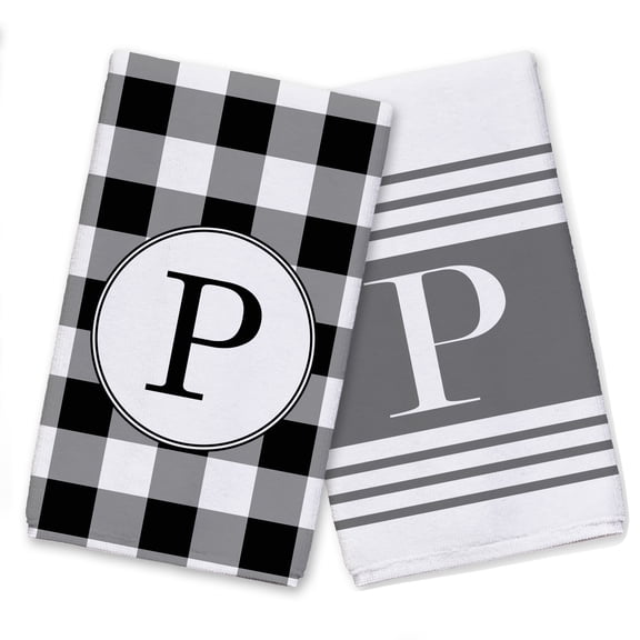 Creative Products Buffalo Check and Stripe Monogram - P 16 x 25 Tea Towel Set of 2
