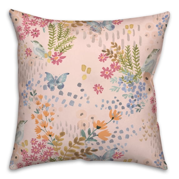 Creative Products Butterfly Bird Floral on Pink 18 x 18 Spun Poly Pillow