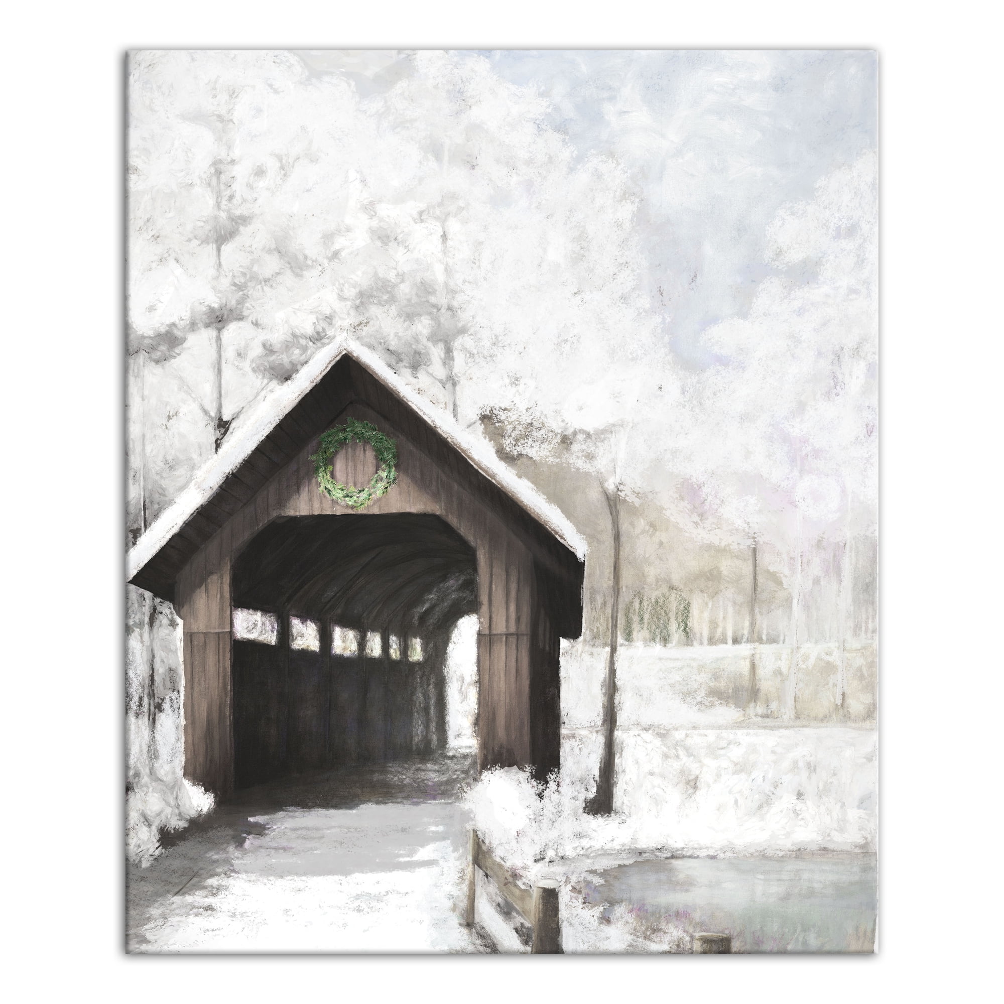 Winter Covered Bridge Landscape Canvas Wall Art 20x24