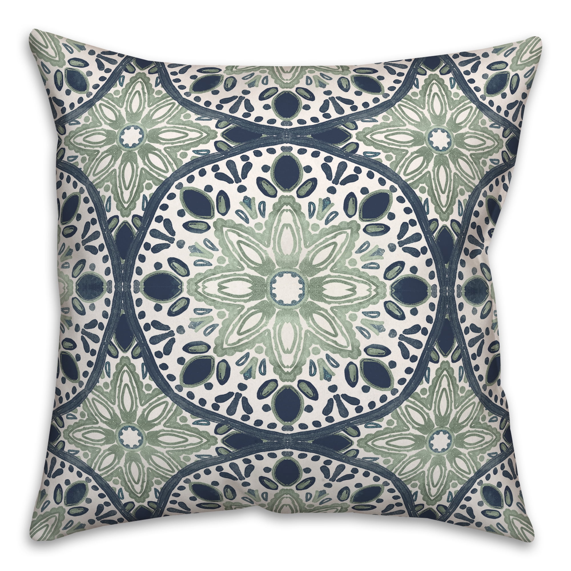 Sage and Blue Medallion Water-Resistant Square Throw Pillow