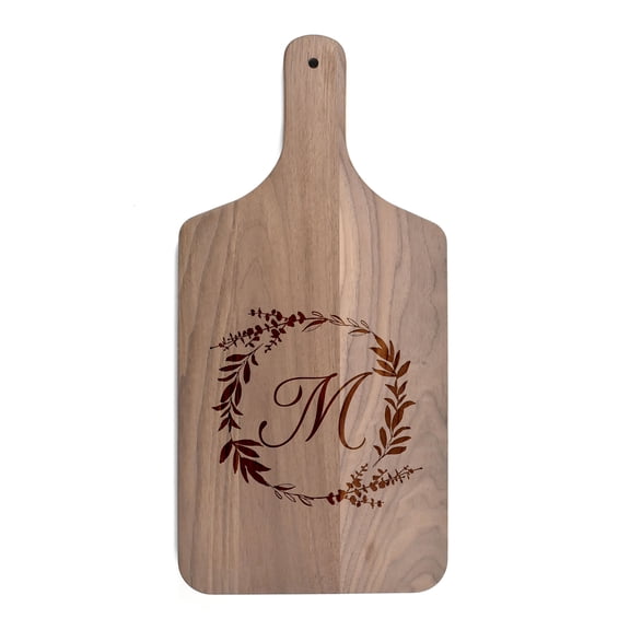 Creative Products Floral Wreath Monogram - M 8 x 17 Walnut Paddle Cutting Board