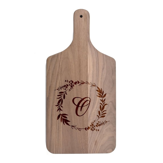Creative Products Floral Wreath Monogram - O 8 x 17 Walnut Paddle Cutting Board