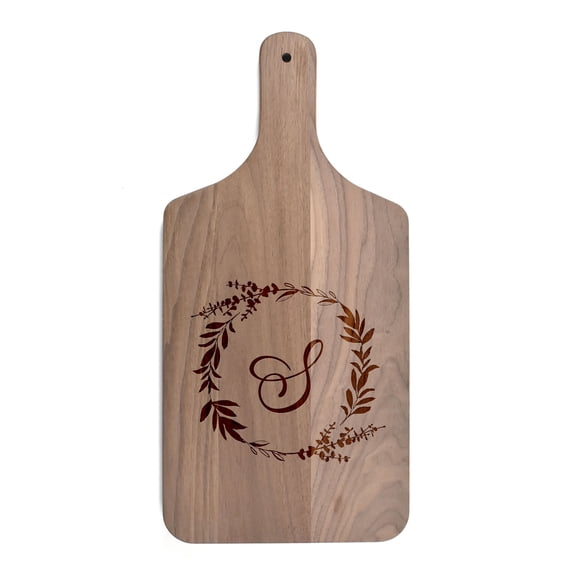 Creative Products Floral Wreath Monogram - S 8 x 17 Walnut Paddle Cutting Board