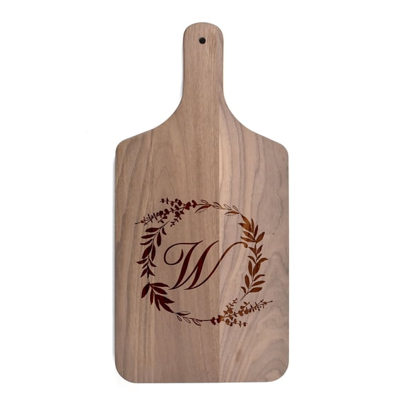 Creative Products Floral Wreath Monogram - W 8 x 17 Walnut Paddle Cutting Board