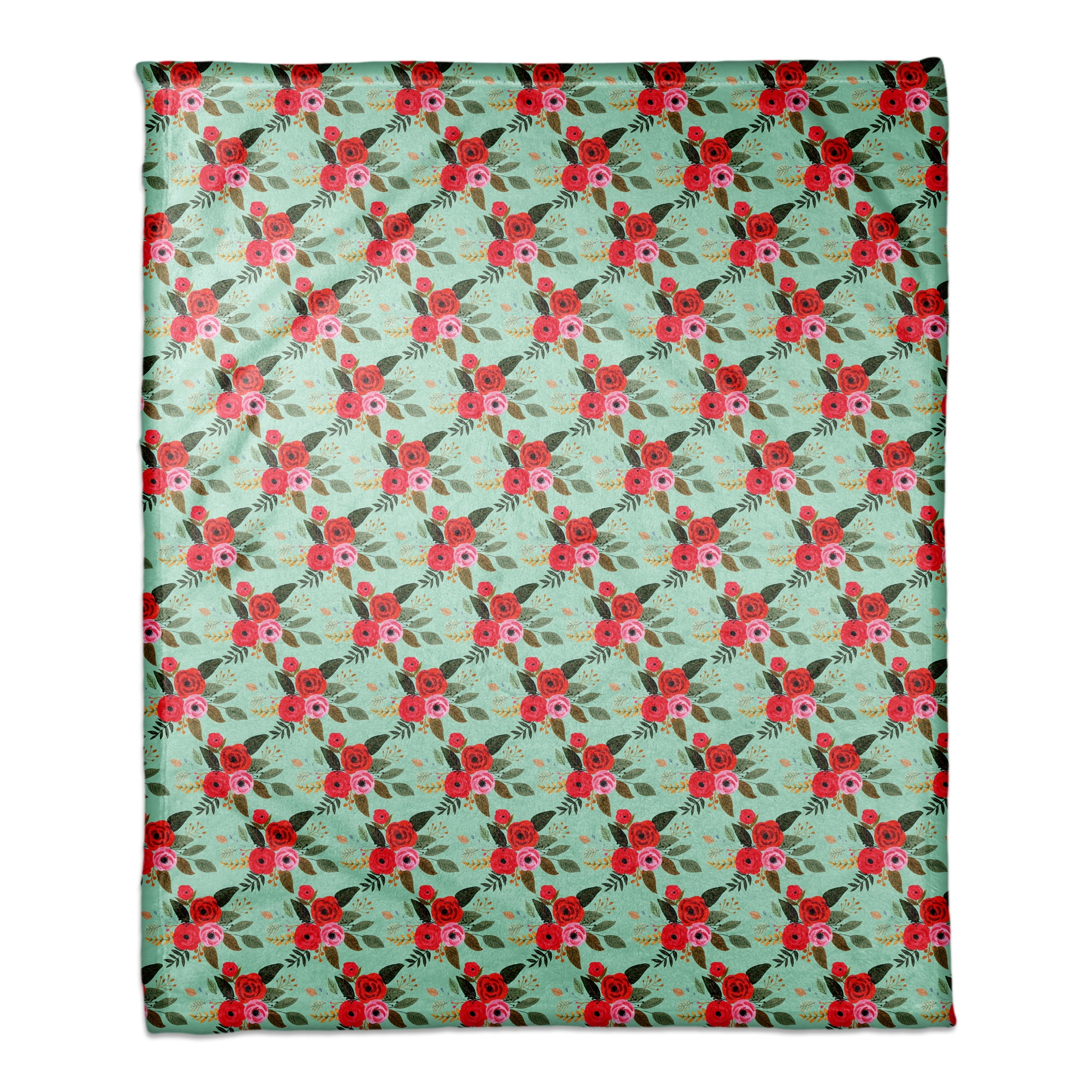 Floral Coral Fleece Blanket with Red Roses, 50x60