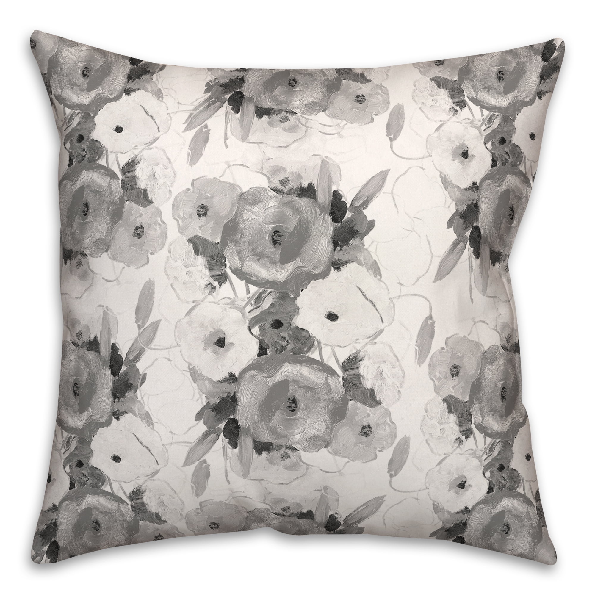 Gray and White Floral Square Polyester Throw Pillow