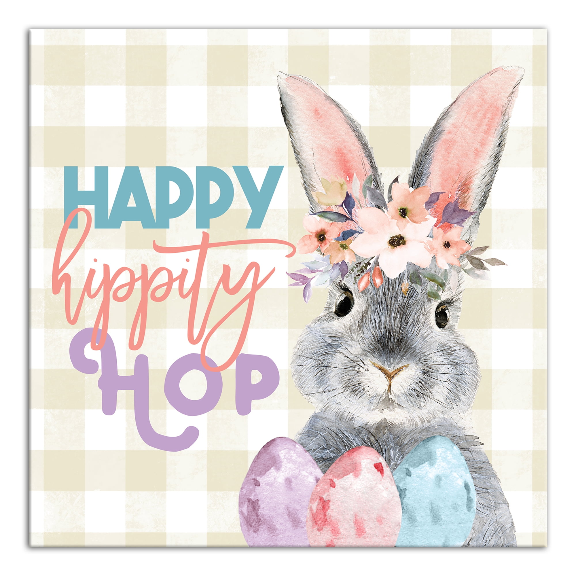 Happy Hippity Hop Bunny Canvas Wall Art with Pastel Eggs