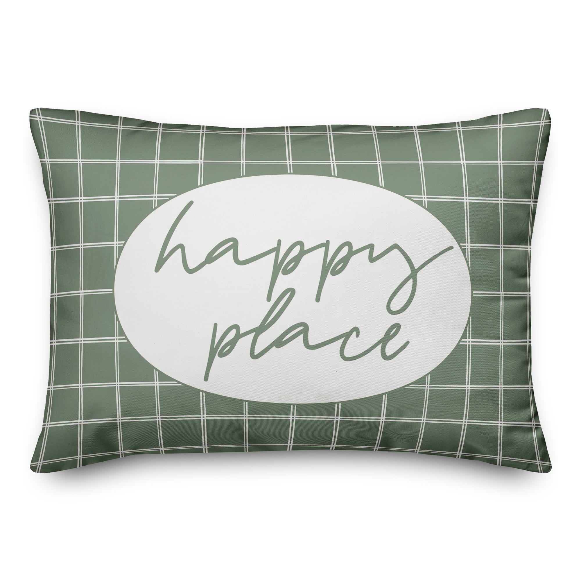 Green and White Plaid Rectangular Spun Polyester Throw Pillow