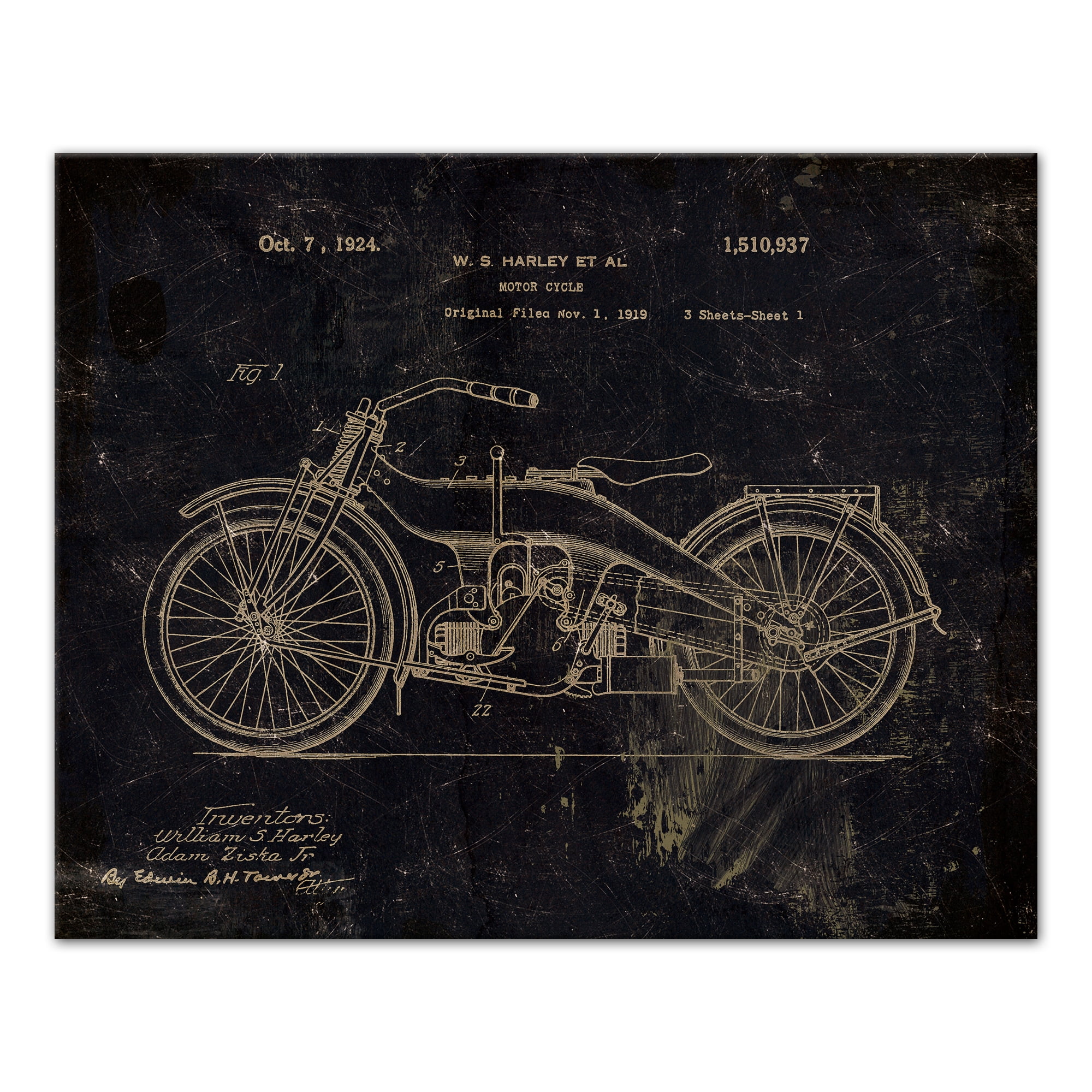 Vintage Harley Motorcycle Patent Print Canvas Wall Art