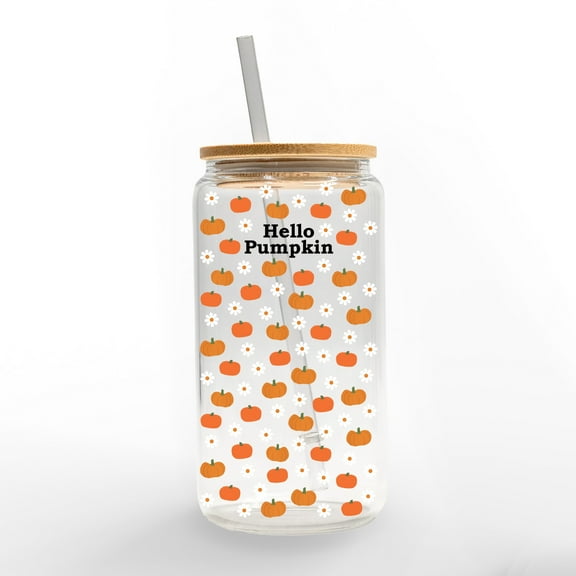 Creative Products Hello Pumpkin Daisy Pattern 16 oz. Glass Can Cup