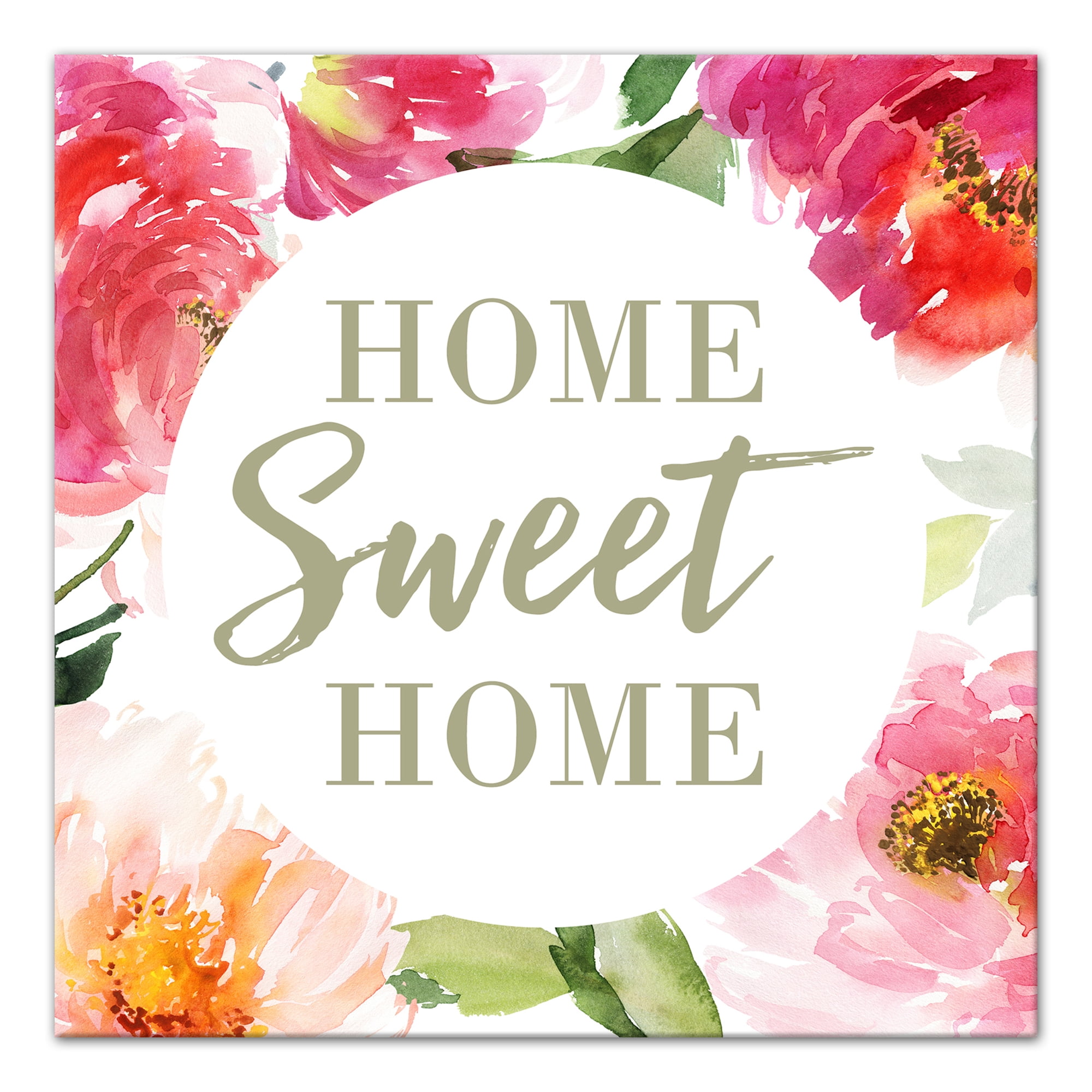 Home Sweet Home Floral Canvas Wall Art in Pink and Green