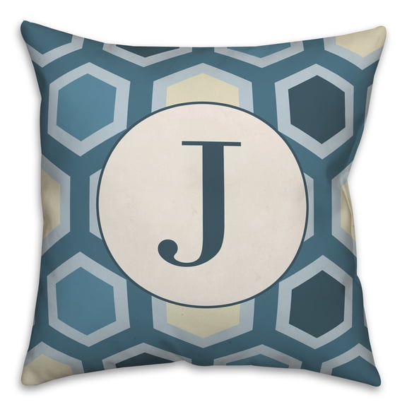 Creative Products J Blue Hexagon Monogram 18 x 18 Spun Poly Pillow