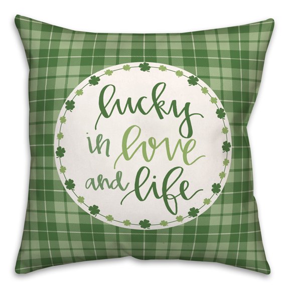 Creative Products Luck Love Life Plaid Clover Wreath 18x18 Spun Poly Pillow