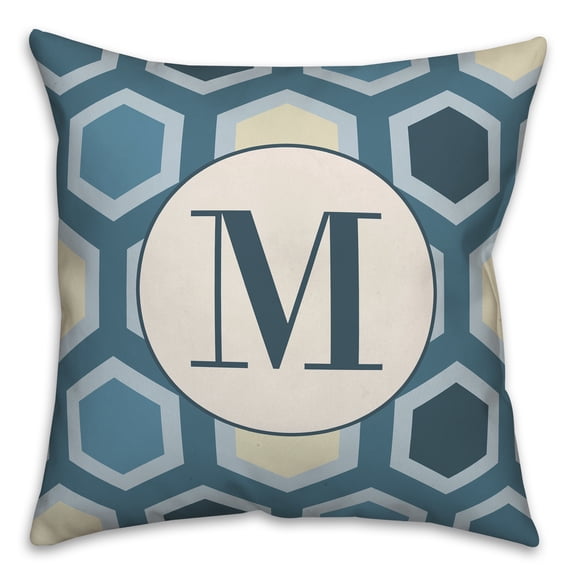Creative Products M Blue Hexagon Monogram 18 x 18 Spun Poly Pillow