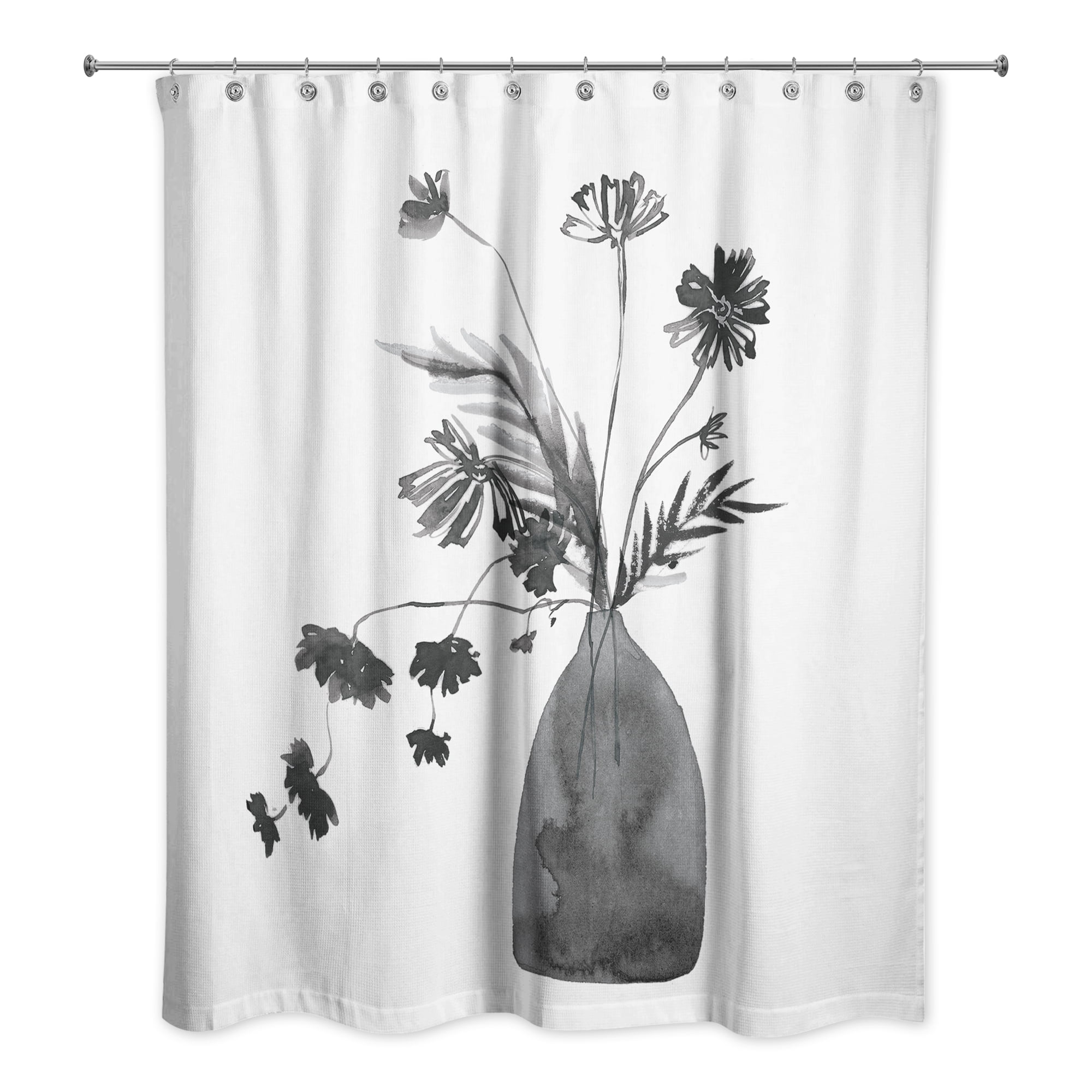 Gray Floral Vase Print Fabric Shower Curtain with Liner