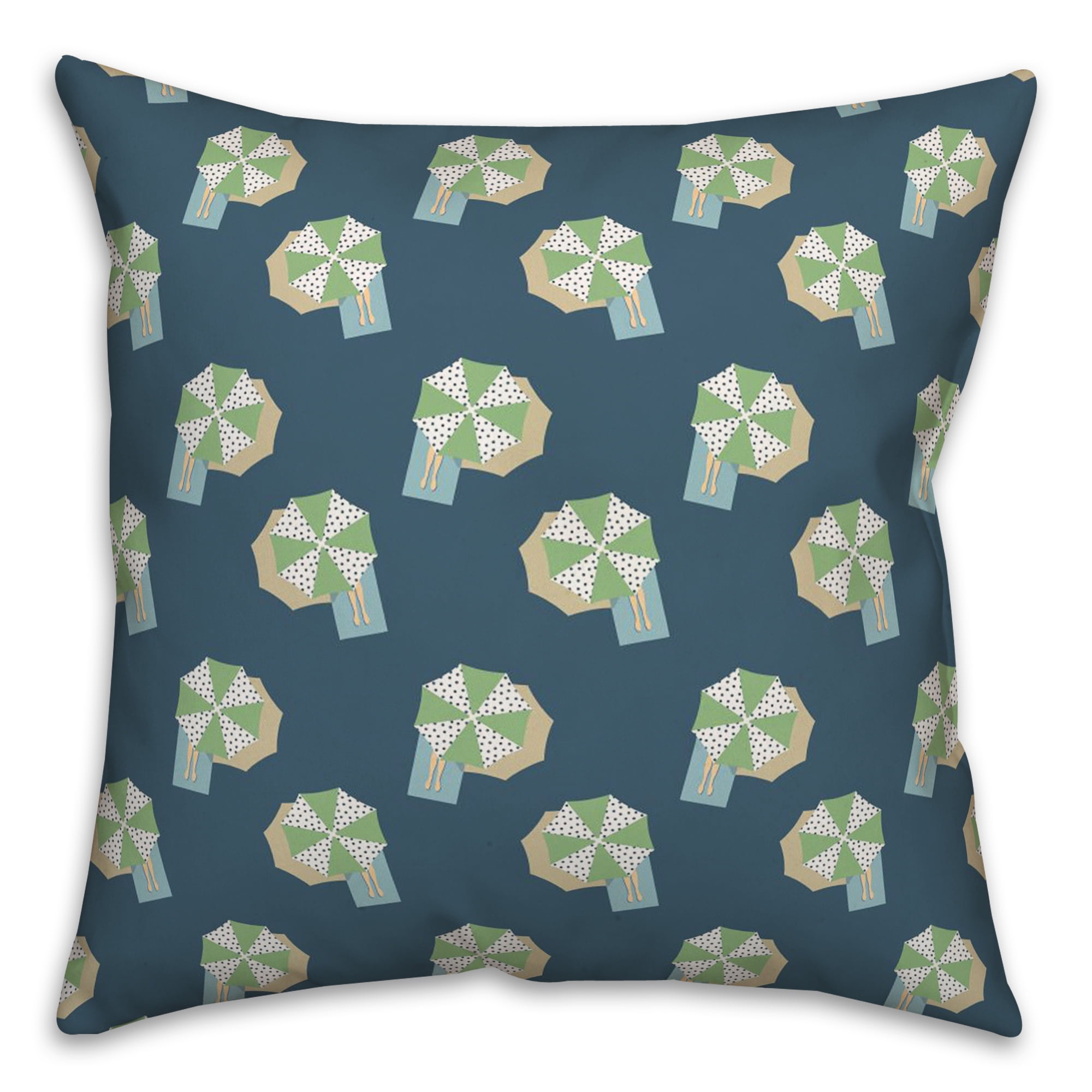 Navy Blue and Green Umbrella Pattern Polyester Throw Pillow