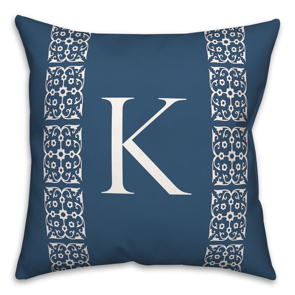 Creative Products Navy with White Lace Pattern - Monogram K 18 x 18 Spun Poly Pillow