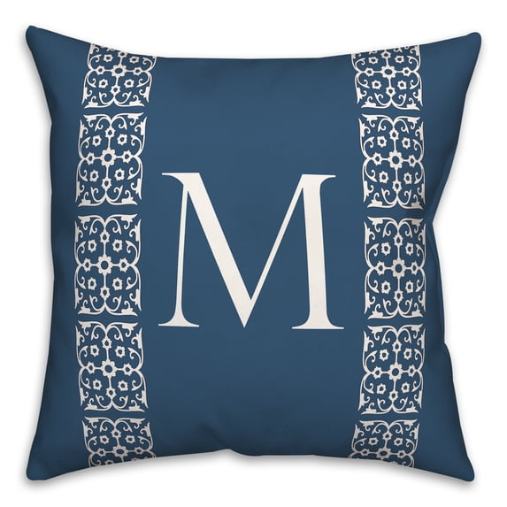Creative Products Navy with White Lace Pattern - Monogram M 18 x 18 Spun Poly Pillow