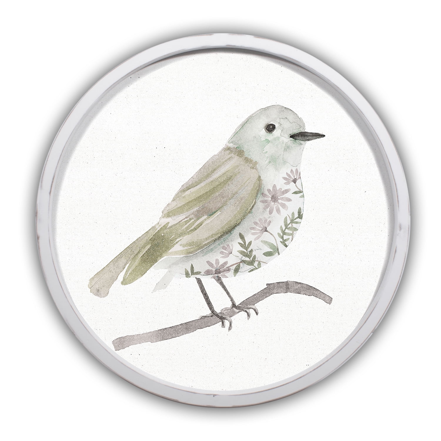 Neutral Sage Bird I 20 x 20 Round White Framed Print