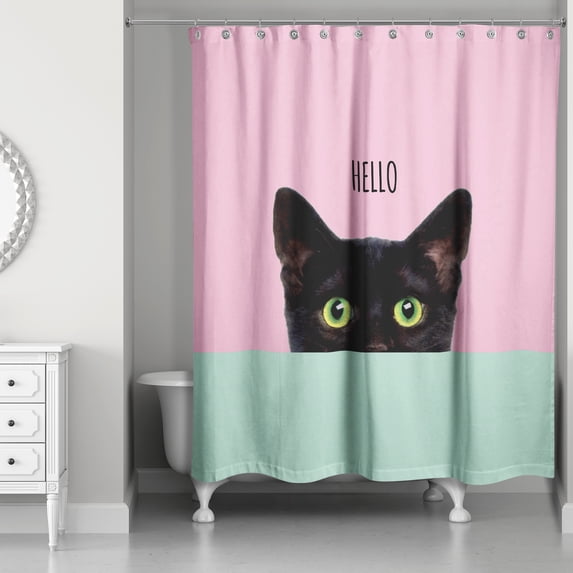 Creative Products Pink Striped Curious Cat 71x74 Shower Curtain
