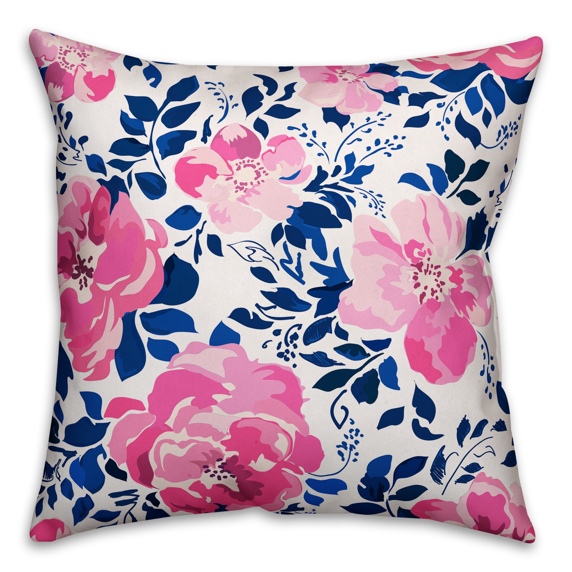 Pink and Blue Floral Square Indoor/Outdoor Throw Pillow