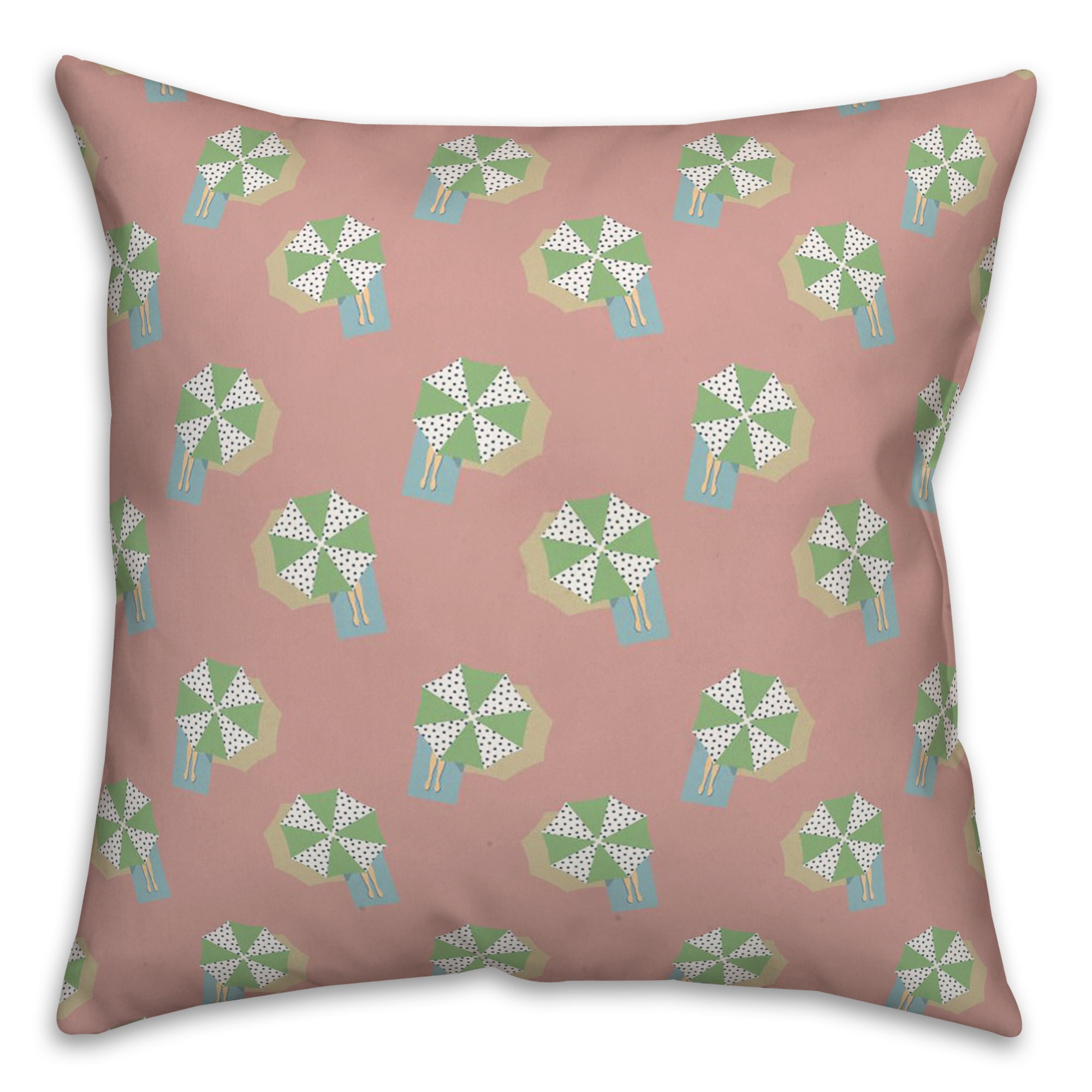 Pink and Green Umbrella Pattern Reversible Throw Pillow