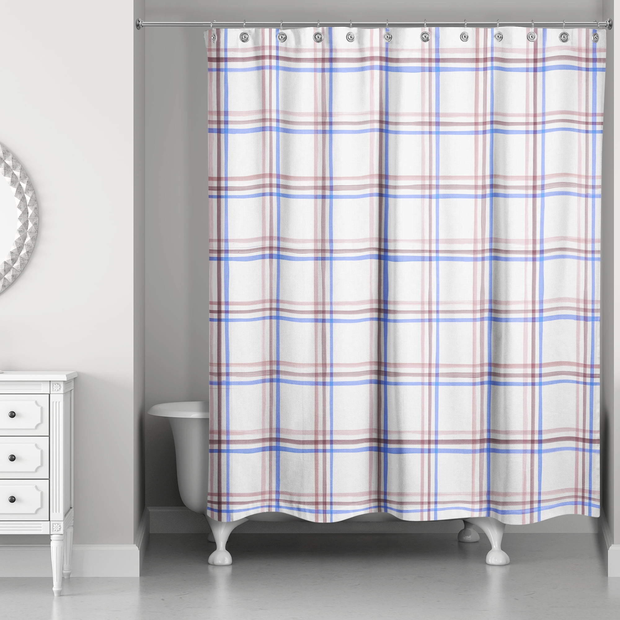 Plaid Blue and Brown Waterproof Fabric Shower Curtain 71 x 74 Inches