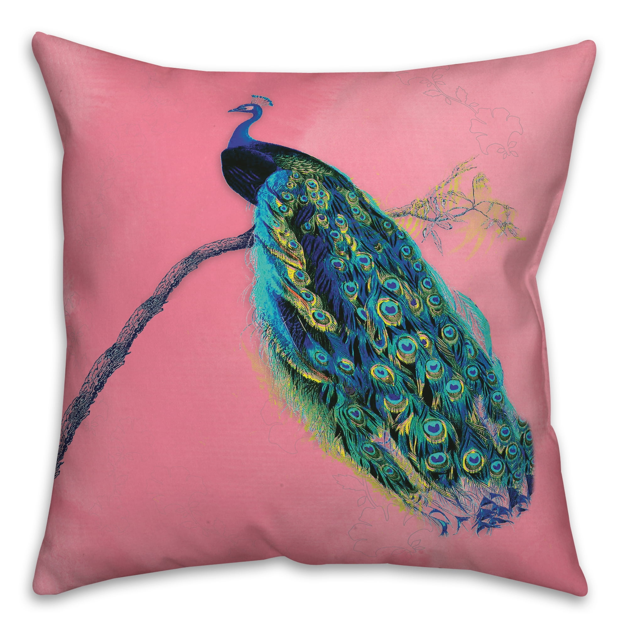 Pink and Blue Peacock Spun Polyester Square Throw Pillow