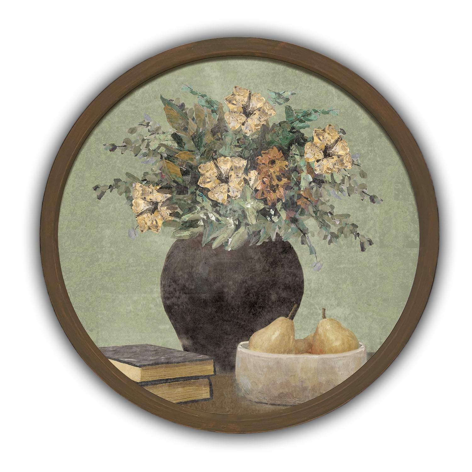 Sage Floral and Pears Still Life Round Brown Framed Print
