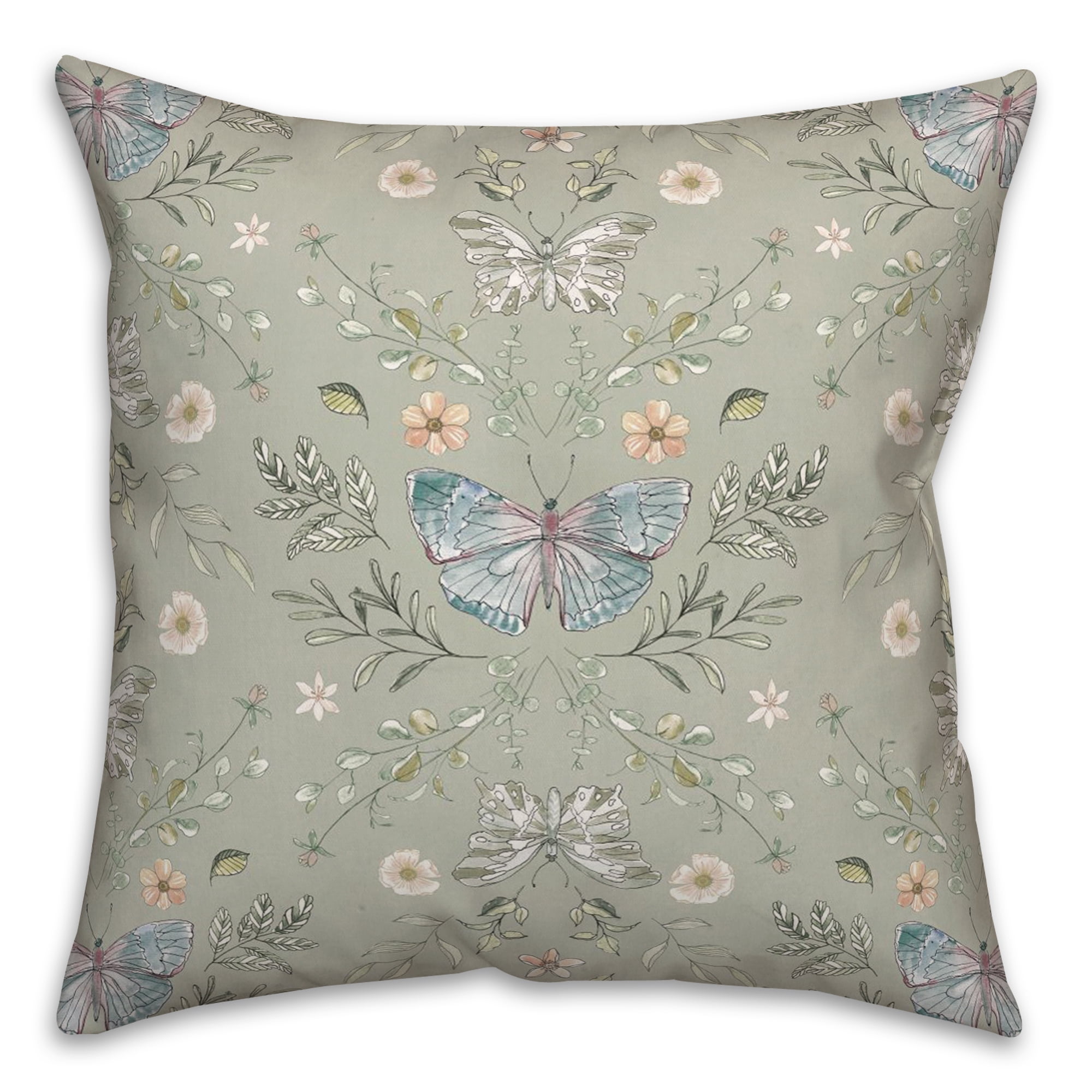 Sage Green Floral Reversible Square Polyester Throw Pillow
