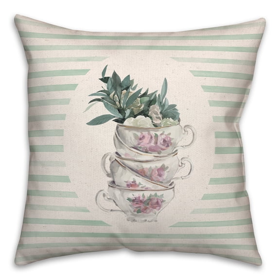 Creative Products Stack Of Tea Cups Floral Stripes 3 16 x 16 Spun Poly Pillow