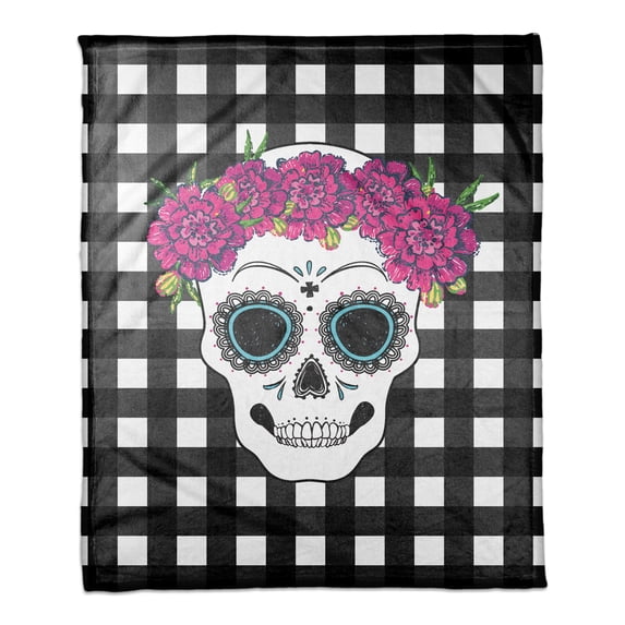Creative Products Sugar Skull Buffalo Check 50x60 Coral Fleece Blanket