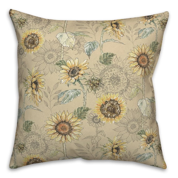 Creative Products Sunflower Pattern on Yellow 18 x 18 Spun Poly Pillow