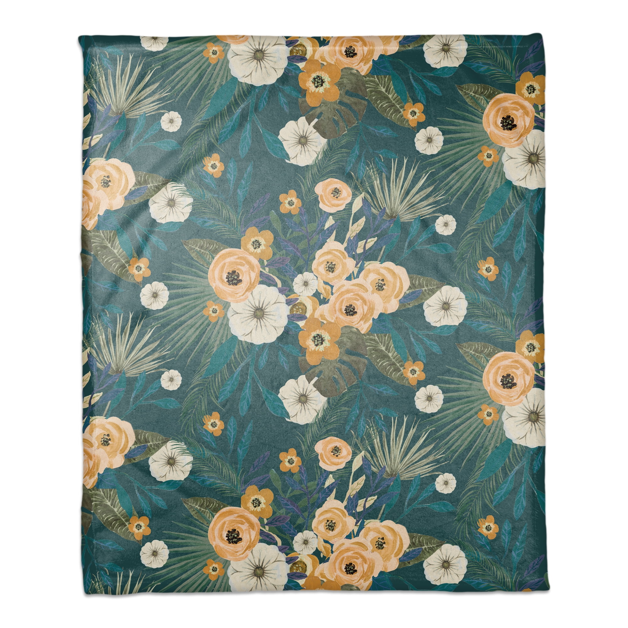 Teal Tropical Floral 50x60 Coral Fleece Blanket