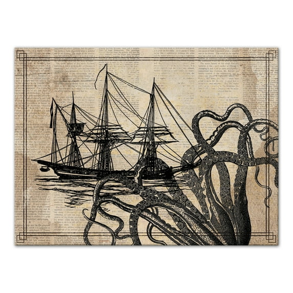 Creative Products Vintage Boat Octopus Fight 18x24 Canvas Wall Art