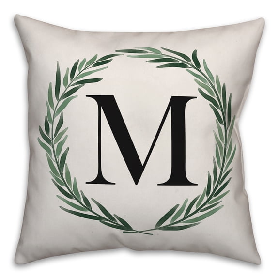 Creative Products Watercolor Greenery Wreath Monogram - M 18x18 Spun Poly Pillow