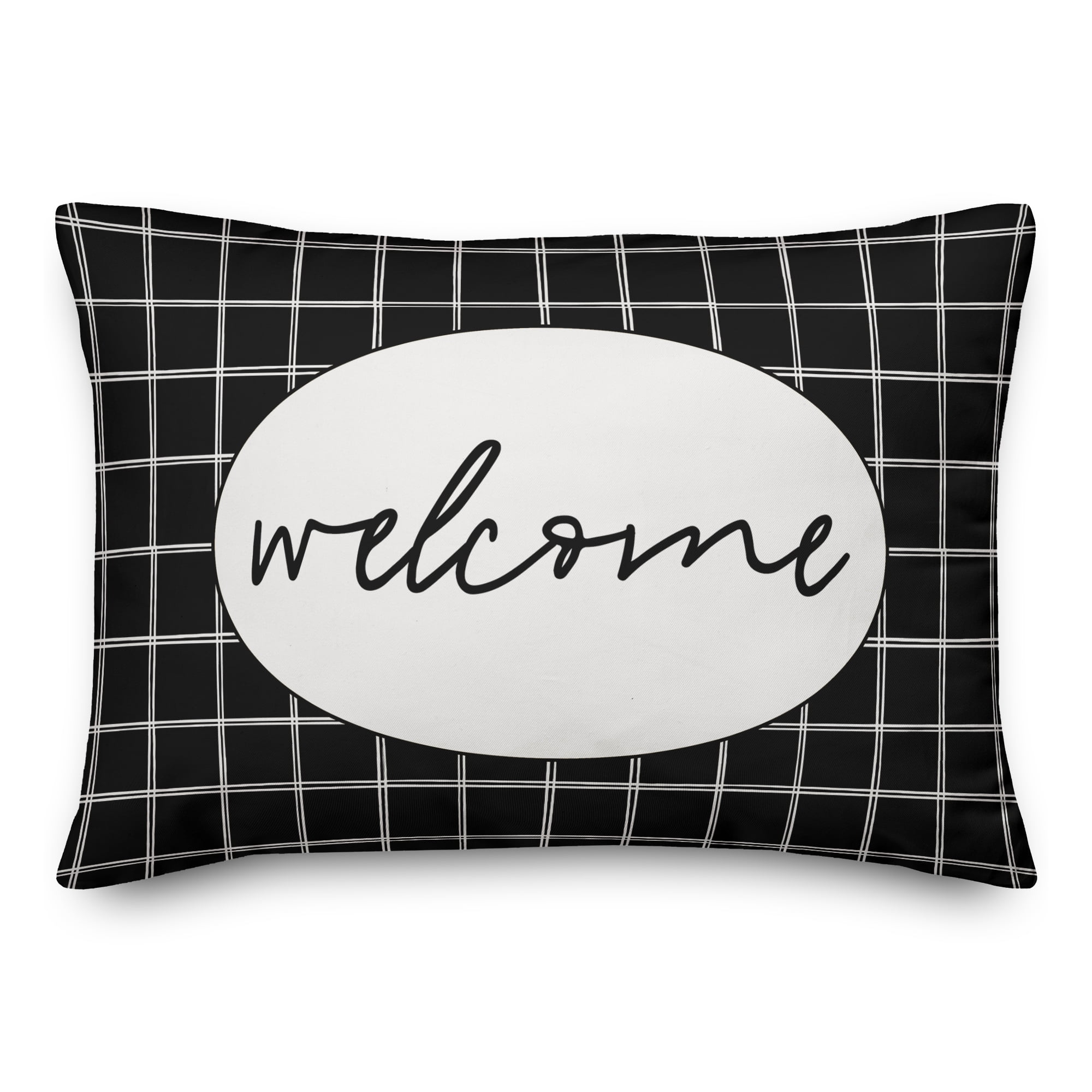 Creative Products Welcome Black and White Drawn Plaid 14x20 Indoor / Outdoor Pillow