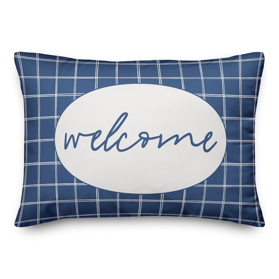 Creative Products Welcome Blue and White Drawn Plaid 14x20 Indoor / Outdoor Pillow