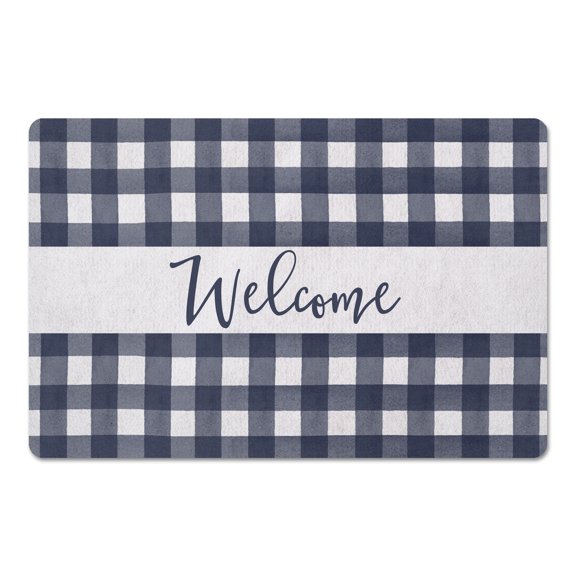 Creative Products Welcome Navy Buffalo Check 27x18 Floor Mat