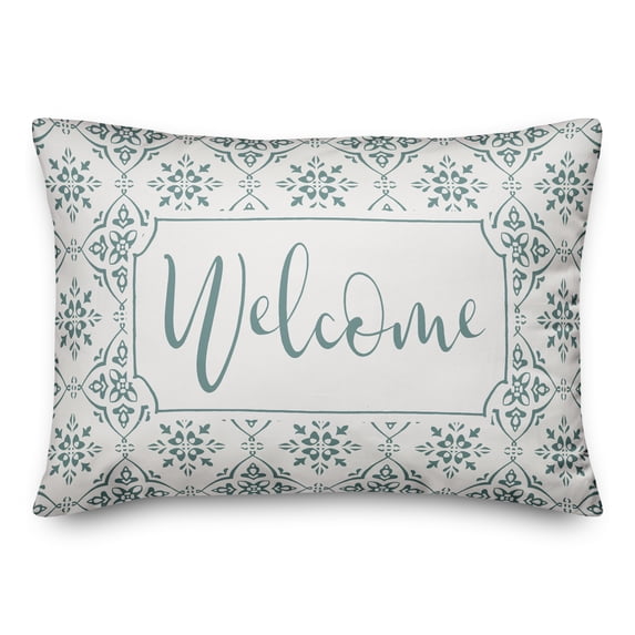 Creative Products Welcome Teal and White Medallion Tile Pattern 14x20 Indoor / Outdoor Pillow
