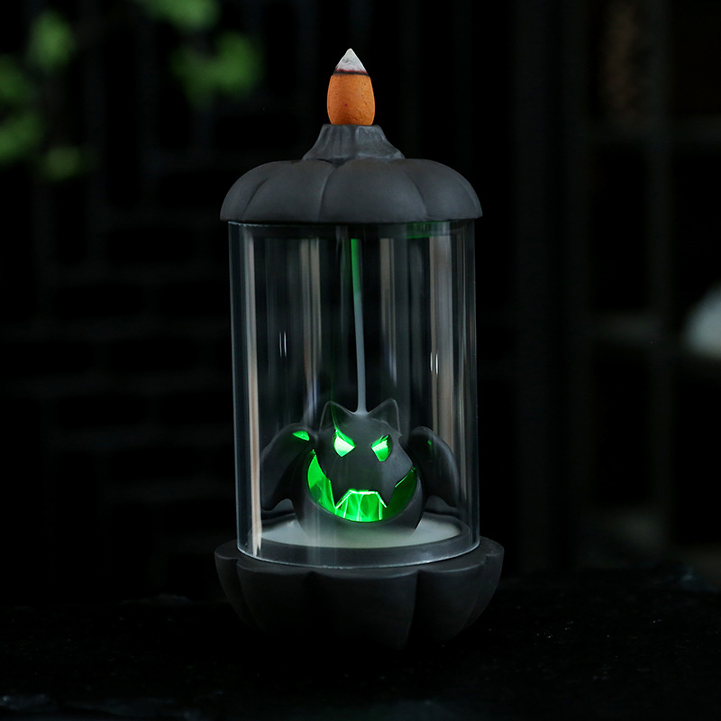 Creative Pumpkin Halloween Backflow Incense Burner Purple Sand Windshield Incense Holder with Fantasy LED Lamp Home Decoration