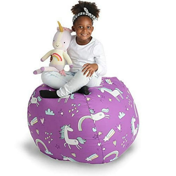 Creative QT 38" Unicorn Print Stuffed Animal Storage Bean Bag Chair, Kids Toy Storage