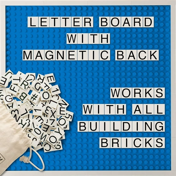 Creative QT Brick Building Letter Board - with Over 285 StoryBricks Letters and Symbols - Changeable Building Brick Message Board with Letters and Magnetic Backing - Blue 10 x 10 Inch, Child
