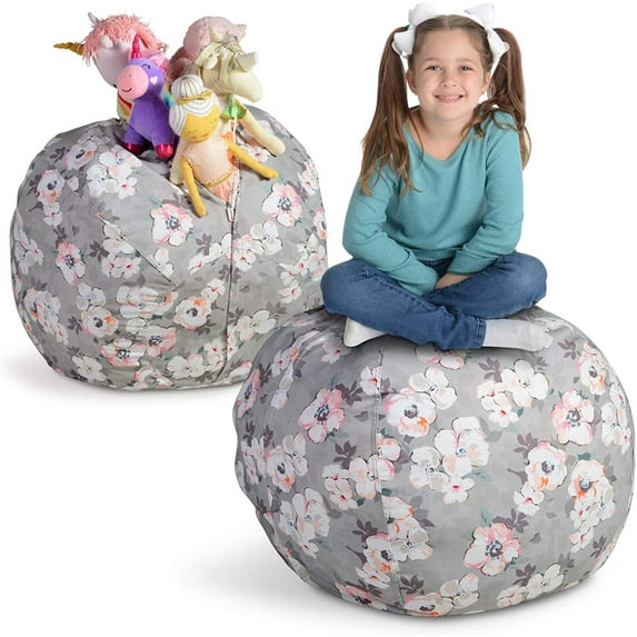 Creative QT Stuff ’n Sit Large 33’’ Bean Bag Storage Cover for Stuffed Animals & Toys – Gray Floral Print – Toddler & Kids’ Rooms Organizer – Beanbag Makes Great Plush Toy Hammock Alternative