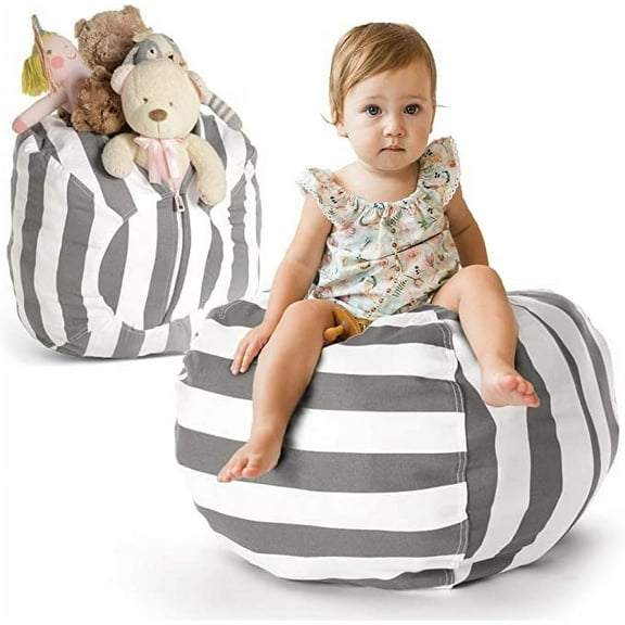 Creative QT Stuff ’n Sit Large 33’’ Bean Bag Storage Cover for Stuffed Animals & Toys – Gray & White Stripe – Toddler & Kids’ Rooms Organizer – Beanbag Makes Great Plush Toy Hammock Alternative