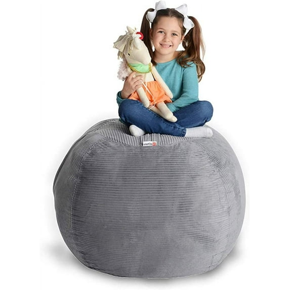 Creative QT Stuff ’n Sit Large 33’’ Bean Bag Storage Cover for Stuffed Animals & Toys – Light Gray Corduroy – Toddler & Kids’ Rooms Organizer – Beanbag Makes Great Plush Toy Hammock Alternative