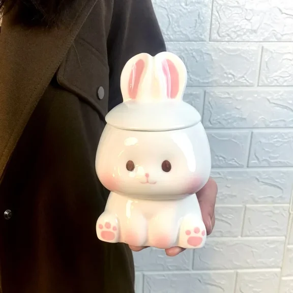 Creative Rabbit Mug Ceramic Mugs,Ceramic Milk Tea Cup Breakfast Morning Mug Coffe Cup,Cartoon Coffee cup-11.8 oz（White）