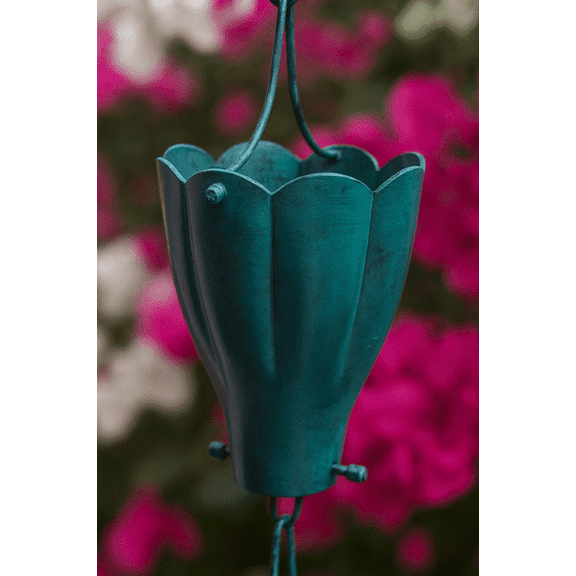 Creative Rain Solutions 8 ft, Tulip Round Cups Rain Chain, Heavy Duty Water Flow, in PATINA
