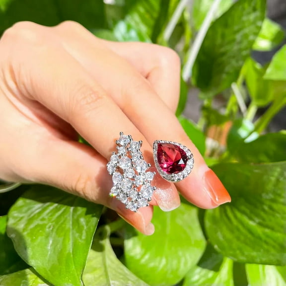 Creative Red CZ Big Stone Water Drop Open Ring Silver Plated Jewelry Accessories